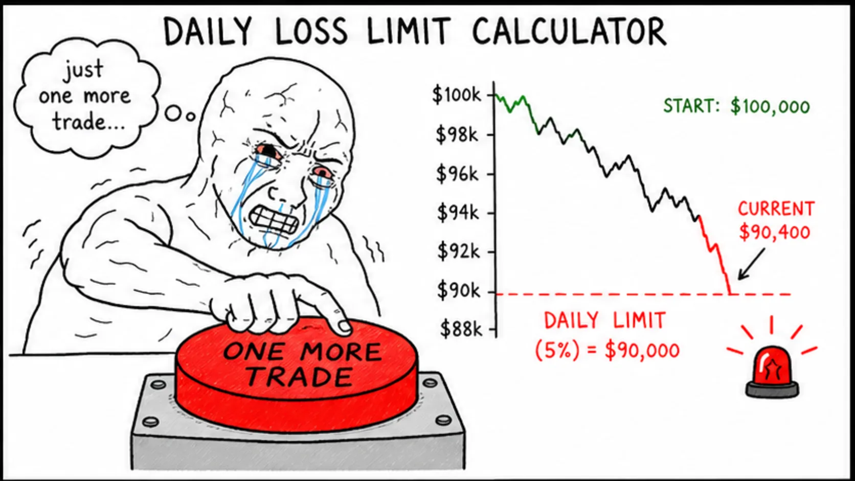 Daily Loss Limit Calculator meme showing prop trading risk and rules