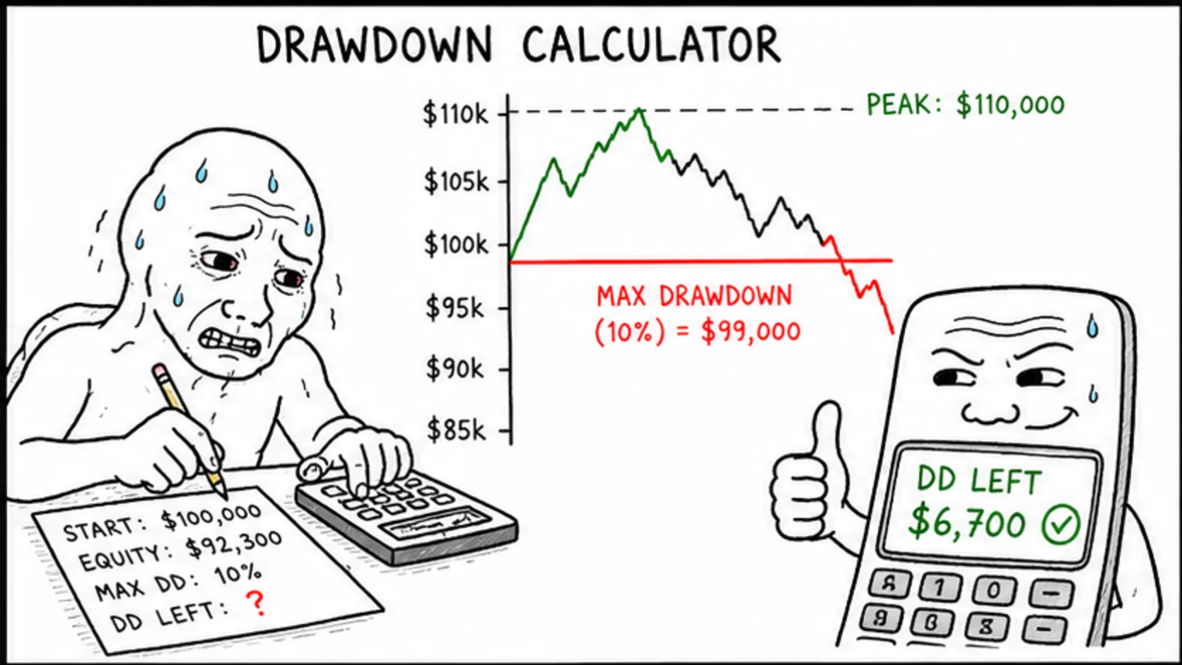 Drawdown Calculator meme showing prop trading risk and rules