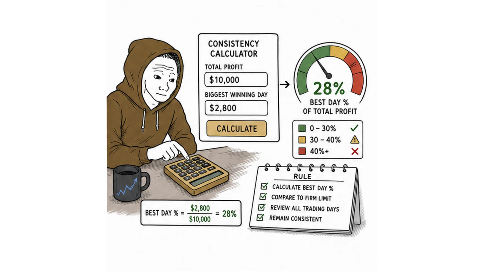 How the prop firm consistency calculator works meme showing total profit biggest winning day and consistency percentage