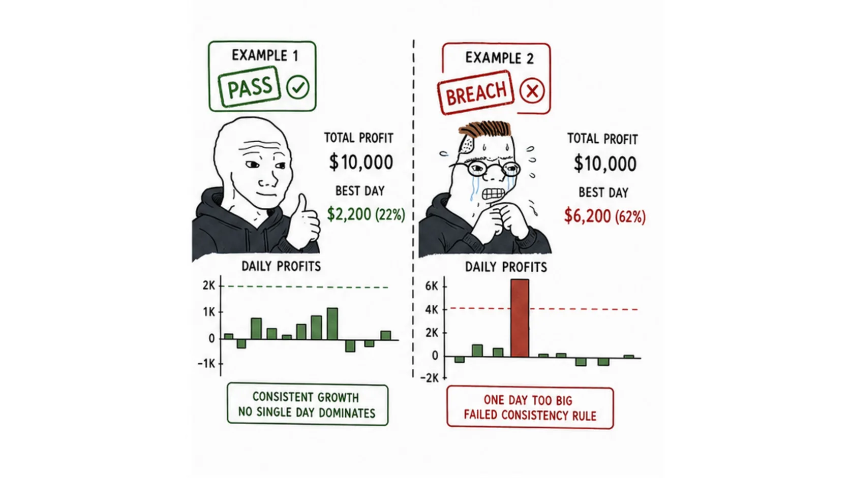 Prop firm consistency pass vs breach examples meme comparing balanced profit days with one oversized winning day