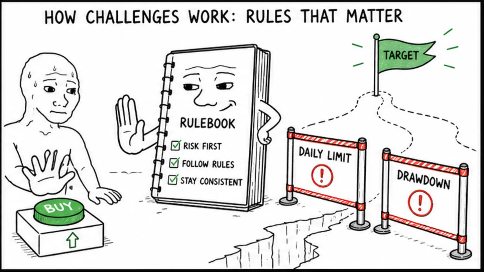 How Challenges Work: The Rules That Matter meme showing prop trading risk and rules