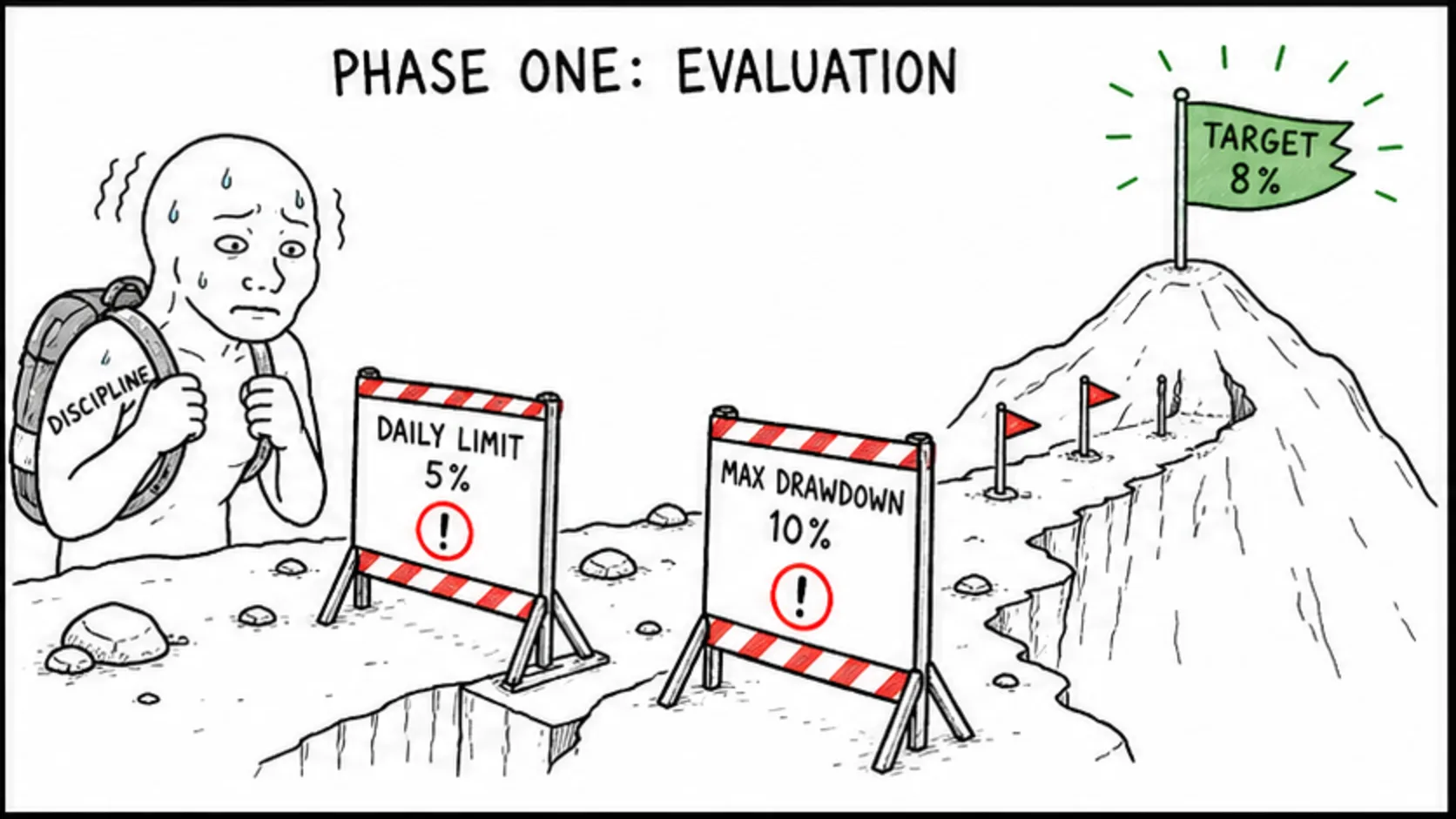 Phase One: The Evaluation meme showing prop trading risk and rules