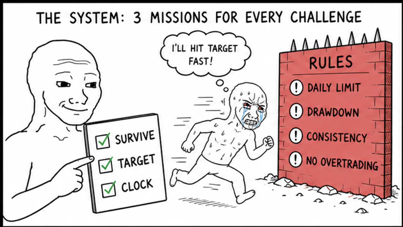 The System: Three Missions for Every Challenge meme showing prop trading risk and rules