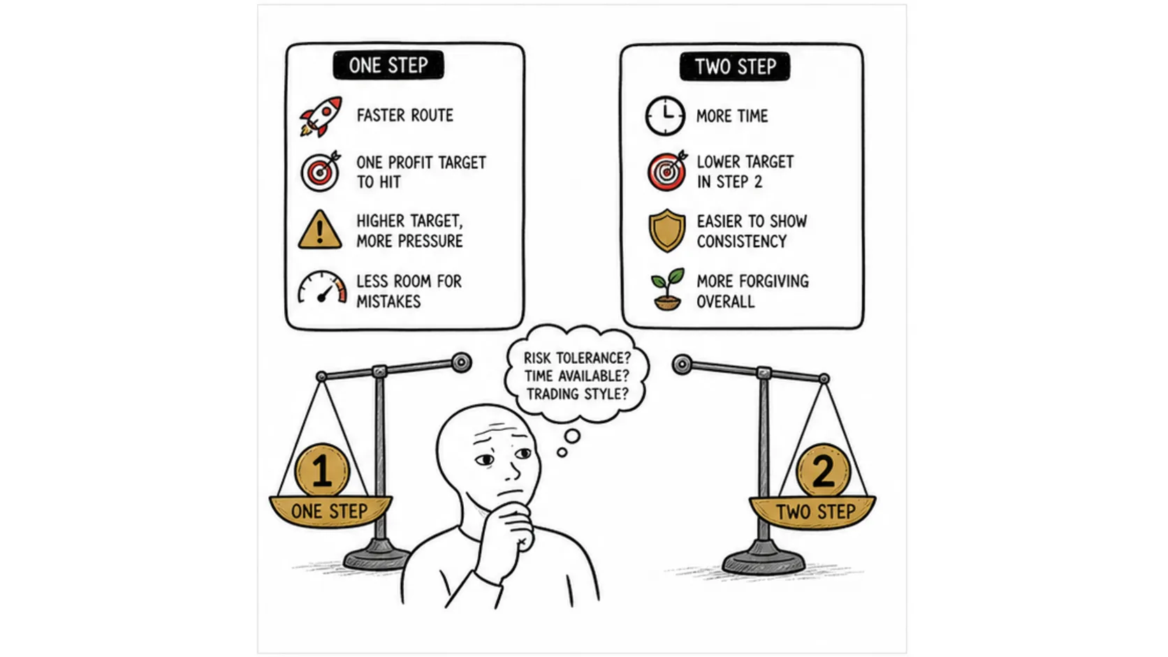 Side by Side Comparison meme explaining one step vs two step prop firm challenges
