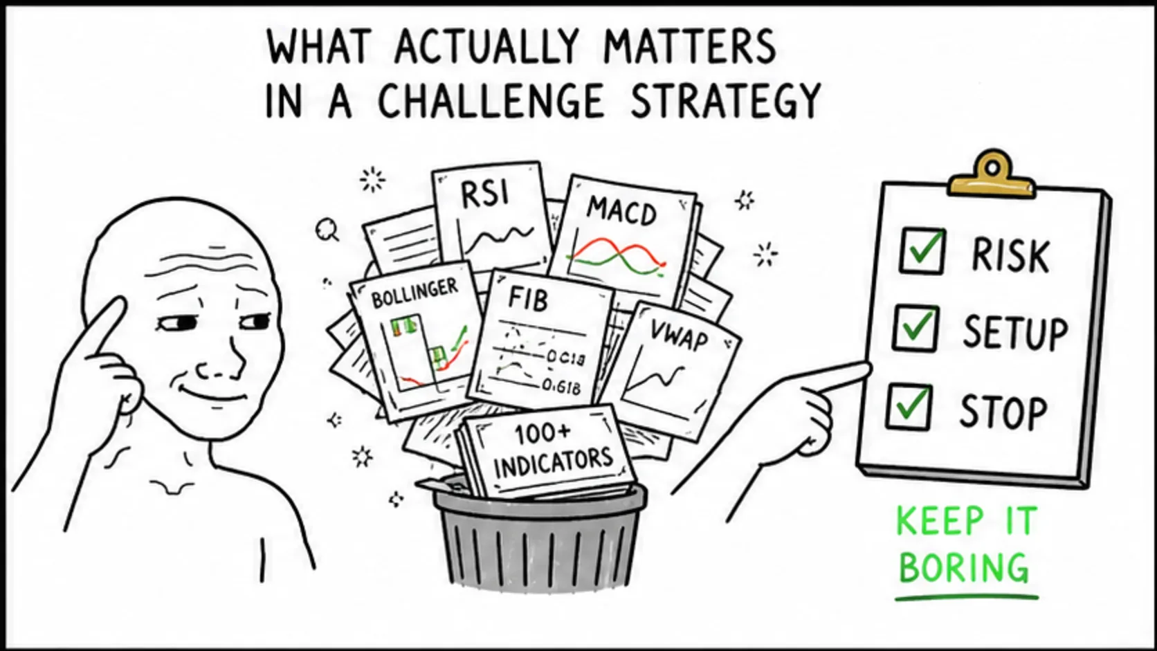 What Actually Matters in a Challenge Strategy meme showing prop trading risk and rules