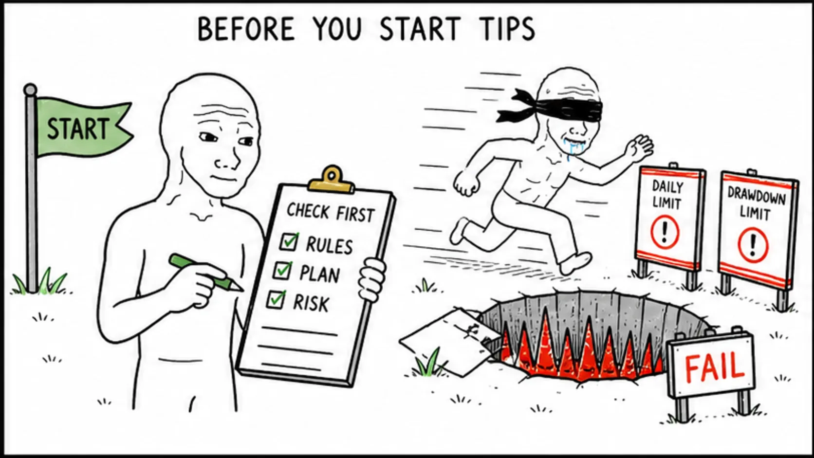 Before You Start: Tips 1-3 meme showing prop trading risk and rules