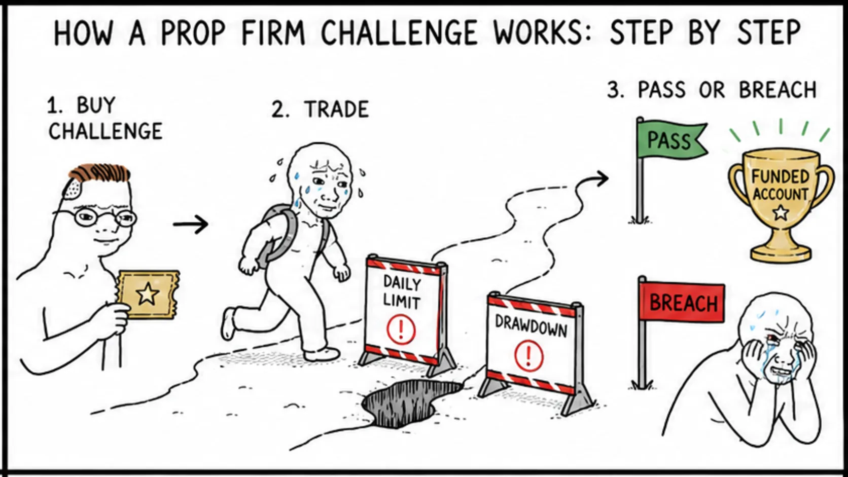 How a Prop Firm Challenge Works Step by Step meme showing prop trading risk and rules