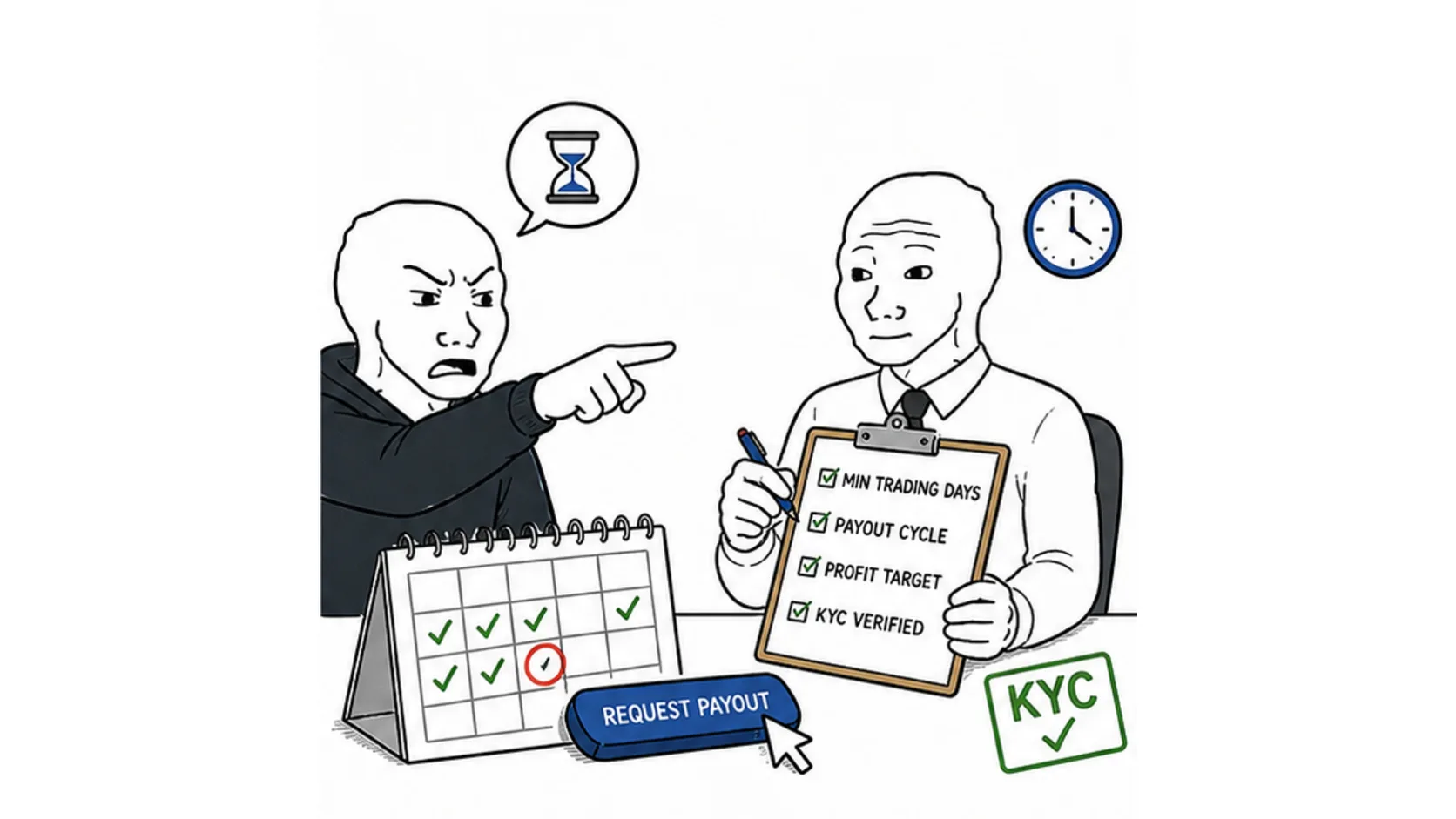 When you can request your first prop firm payout meme showing payout cycle trading days profit target and KYC checks