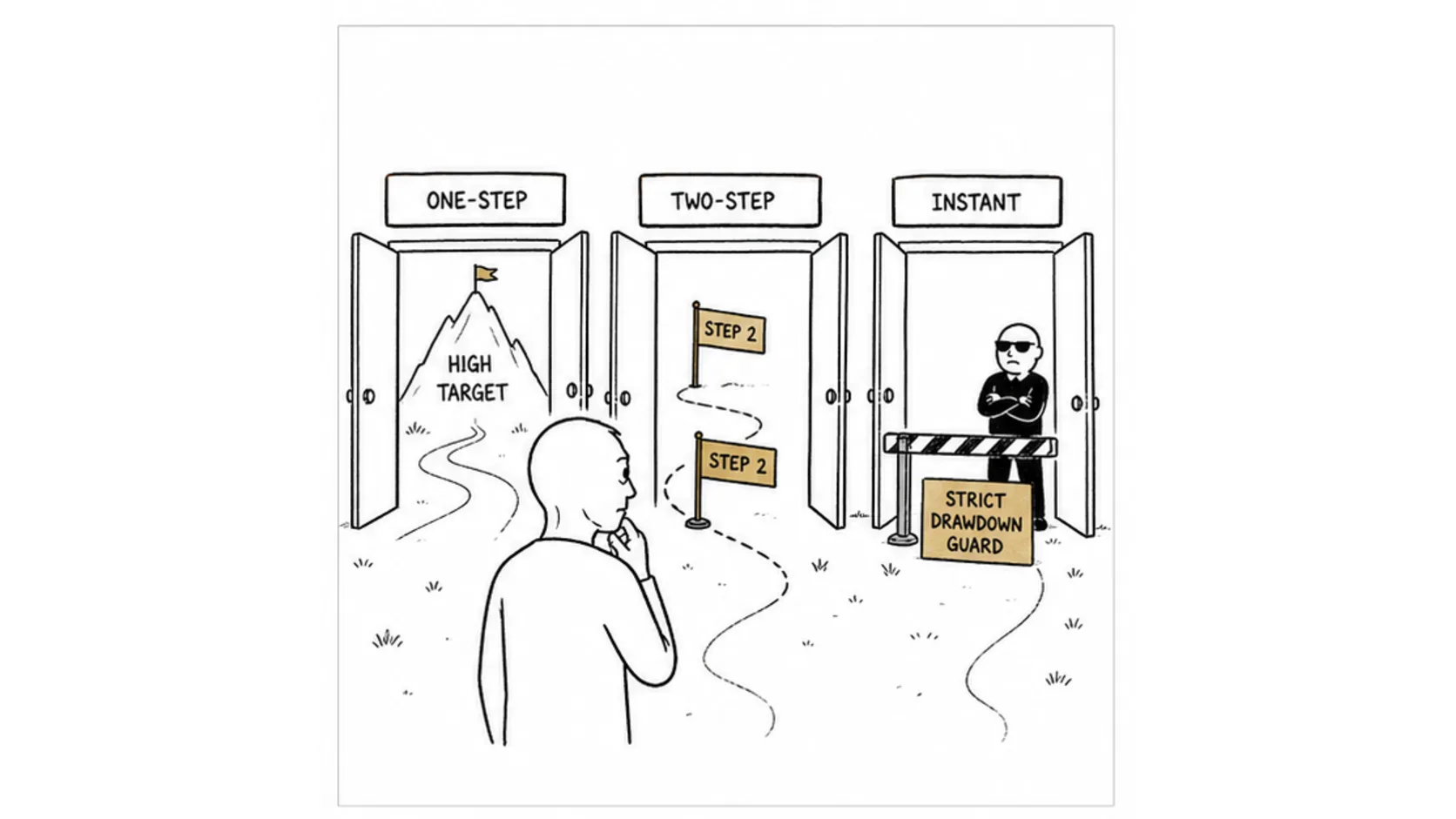 The Three Types of Evaluation meme explaining funded account trading approval