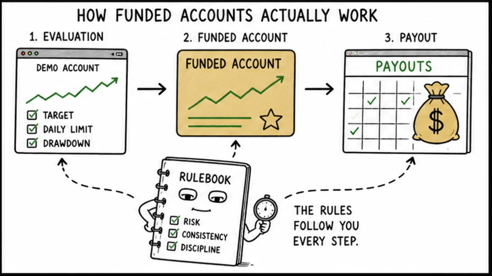 How Funded Accounts Actually Work: The Full Process meme showing prop trading risk and rules