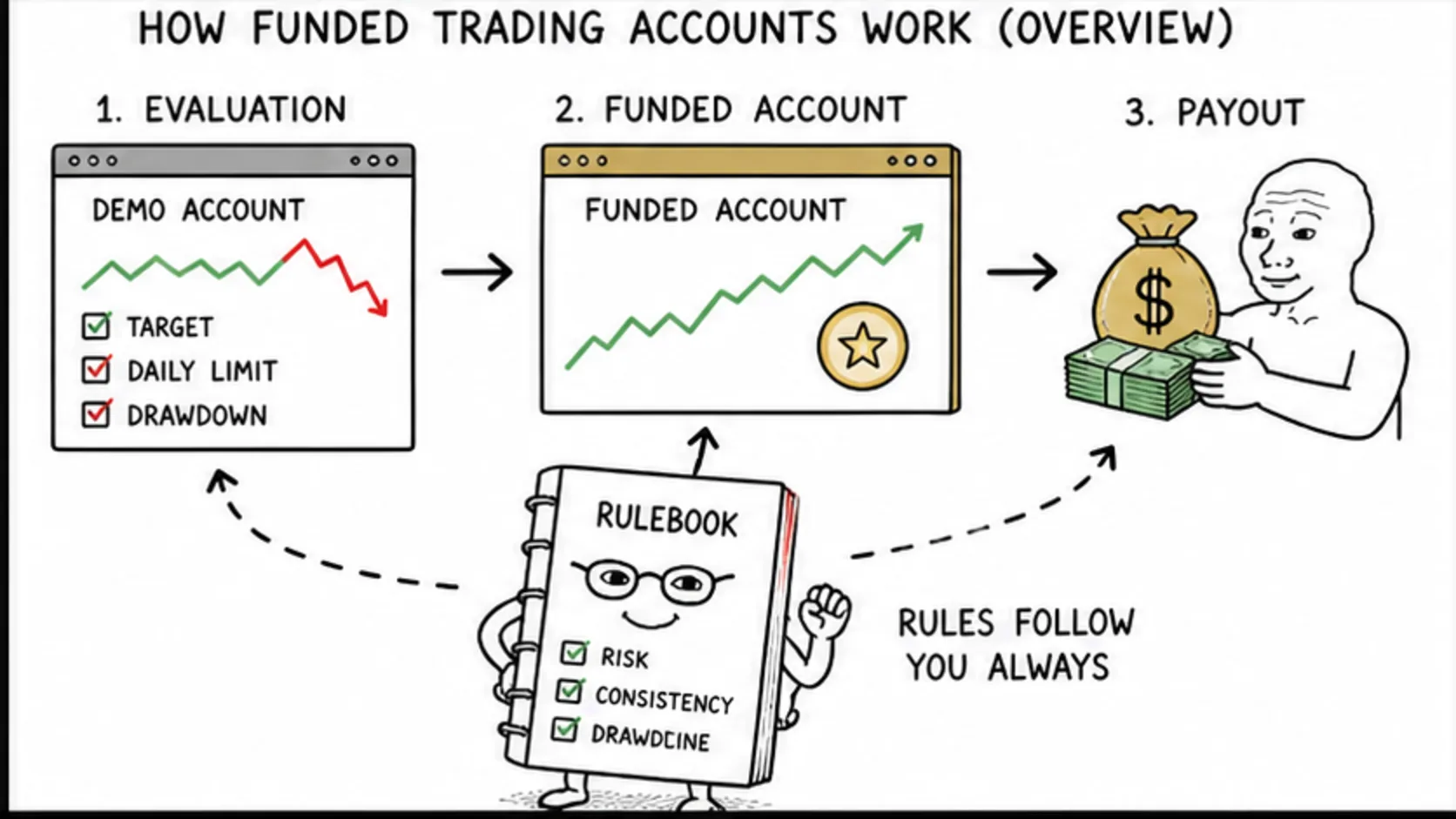 How Funded Trading Accounts Work: The Overview meme showing prop trading risk and rules