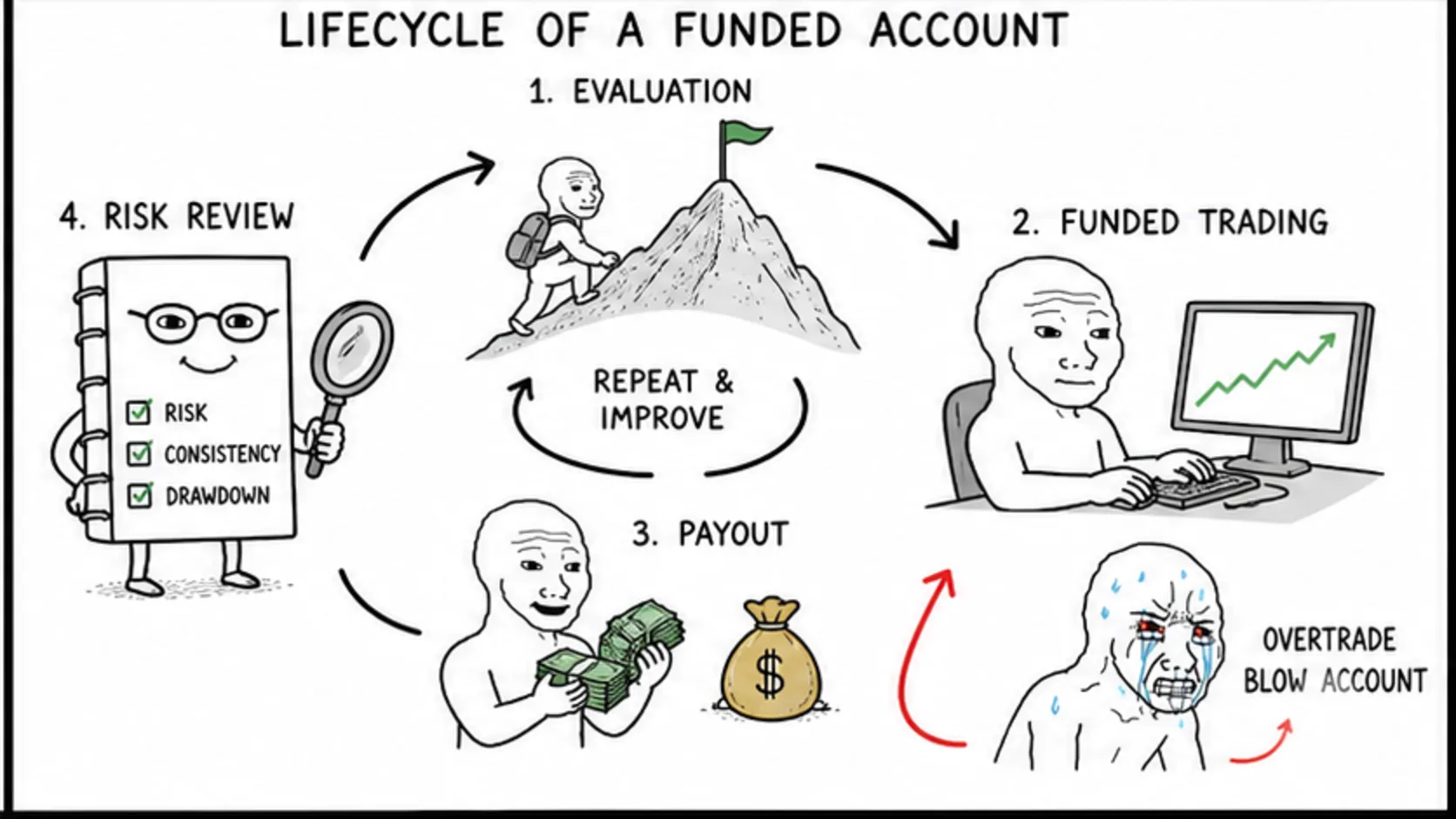 The Lifecycle of a Funded Account meme showing prop trading risk and rules