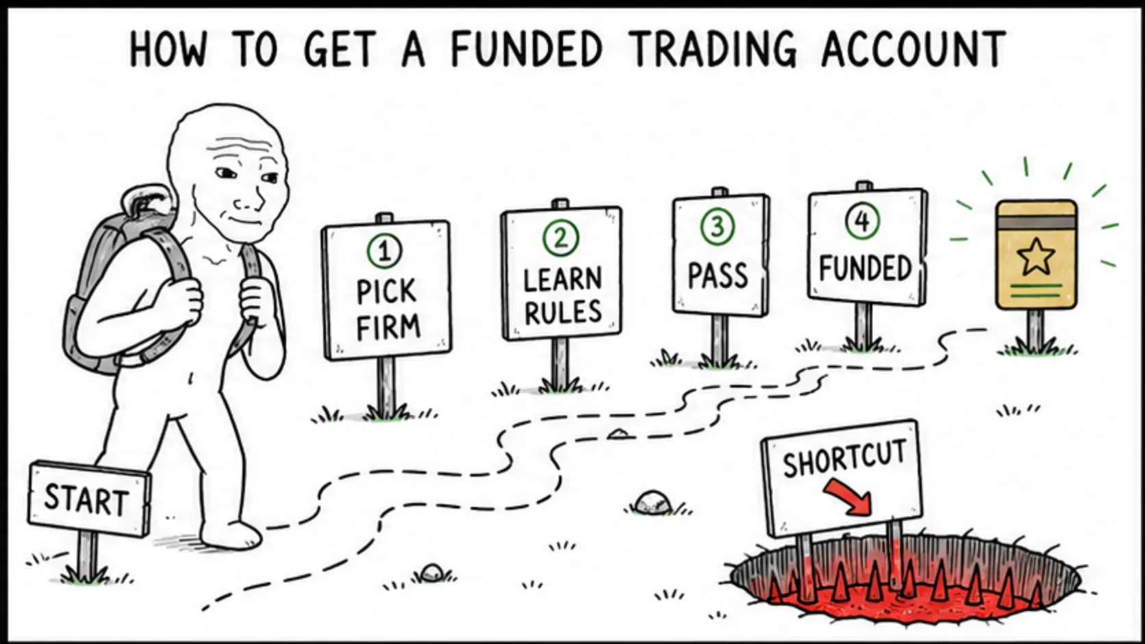How to Get a Funded Trading Account: The Overview meme showing prop trading risk and rules