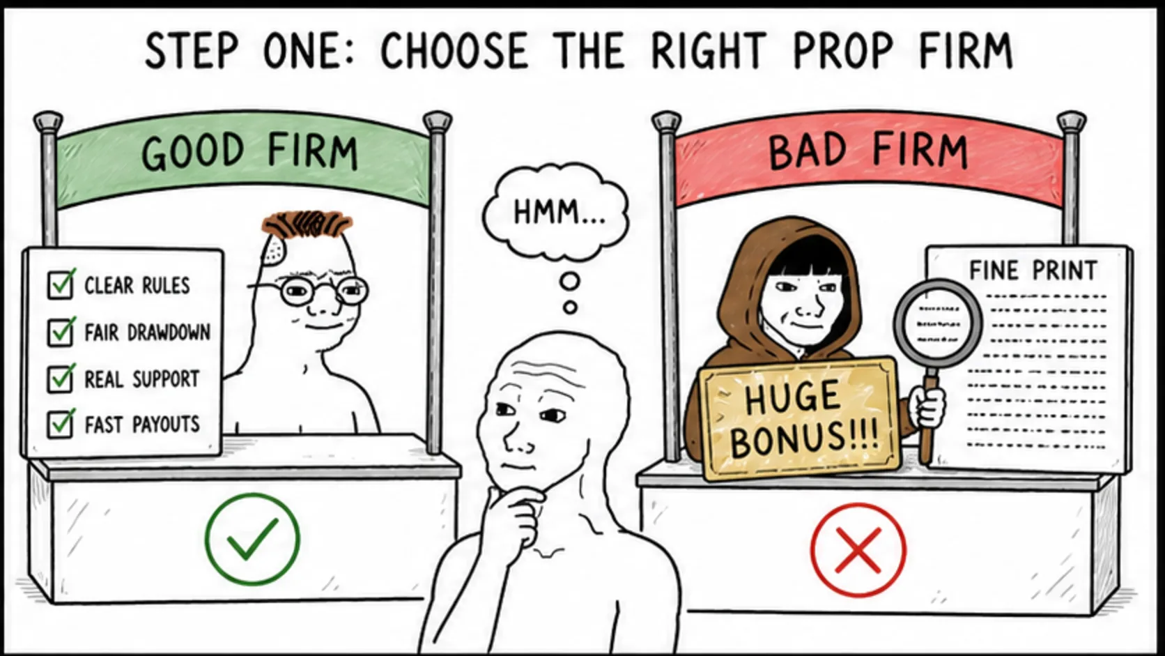 Step One: Choose the Right Prop Firm meme showing prop trading risk and rules