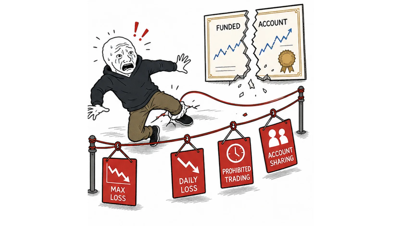 Rules that cause hard breaches meme showing max loss daily loss prohibited trading and account sharing tripwires