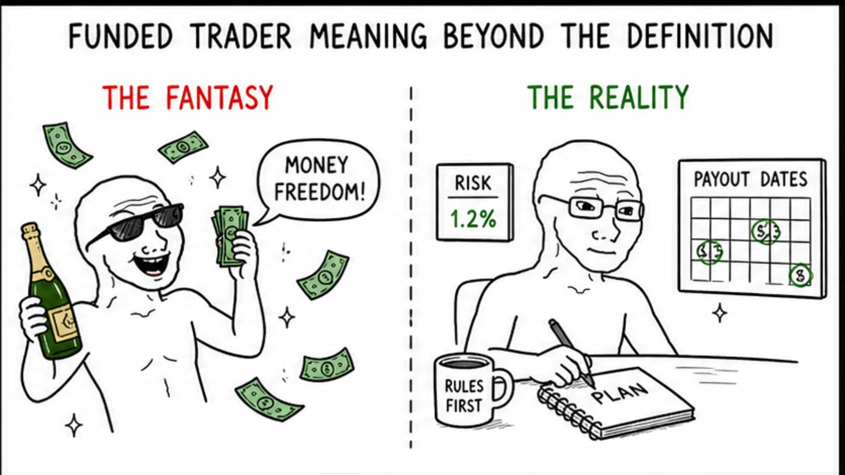 Funded Trader Meaning: Beyond the Definition meme showing prop trading risk and rules