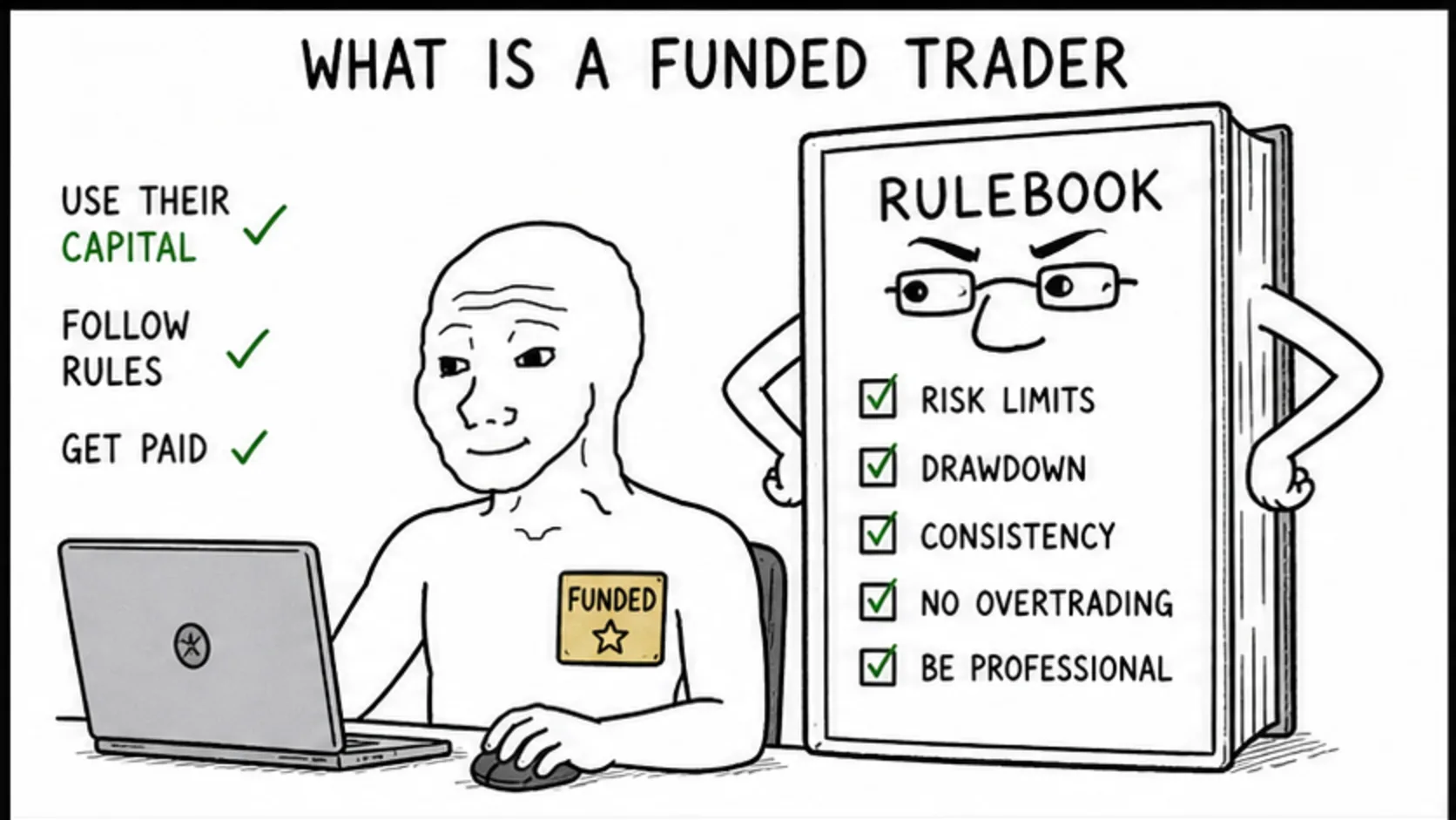 What Is a Funded Trader? meme showing prop trading risk and rules
