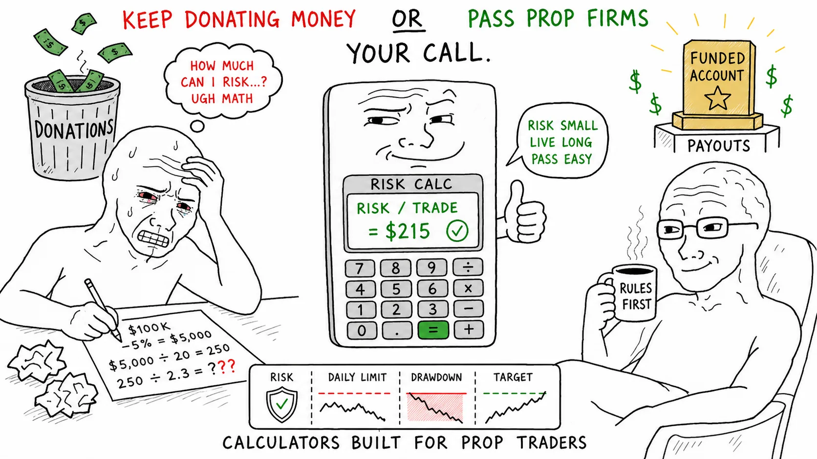Calculators Built for Prop Traders meme showing prop trading risk and rules