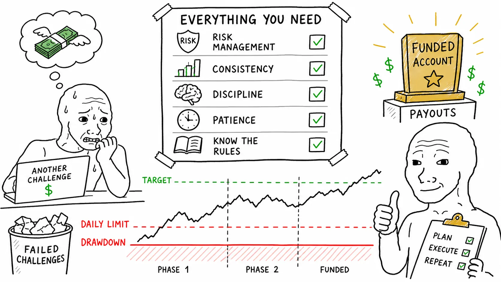 Everything You Need to Pass Prop Trading Firms meme showing prop trading risk and rules
