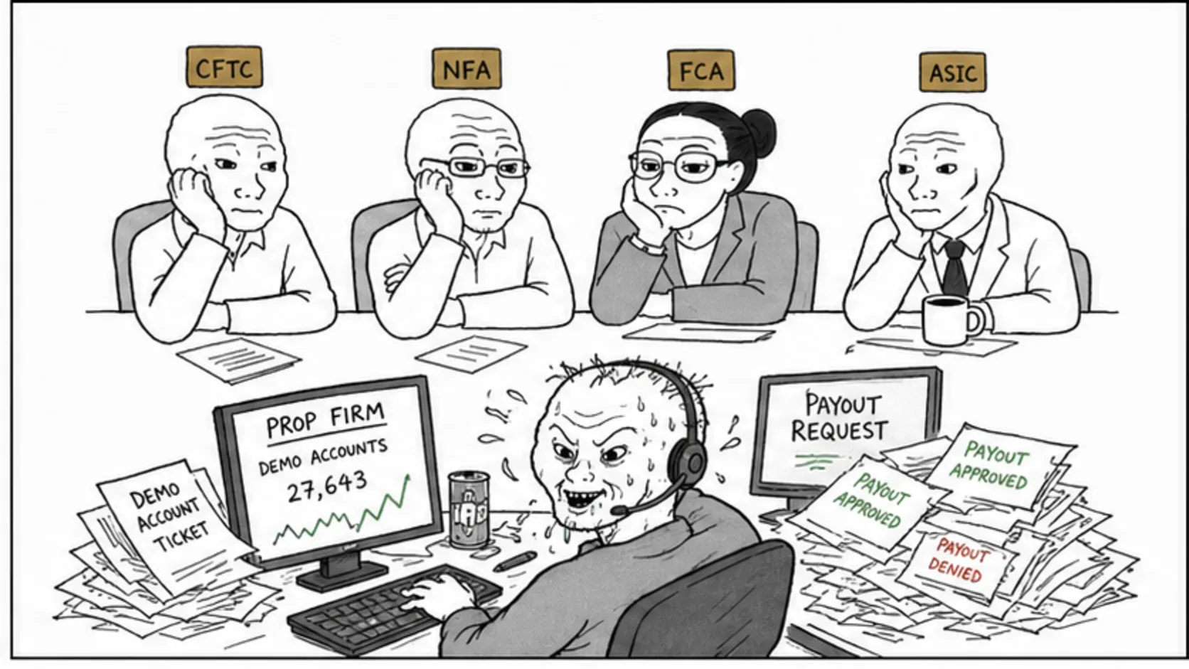The Regulatory Bodies That Could Step In meme explaining prop firm regulation and legal status