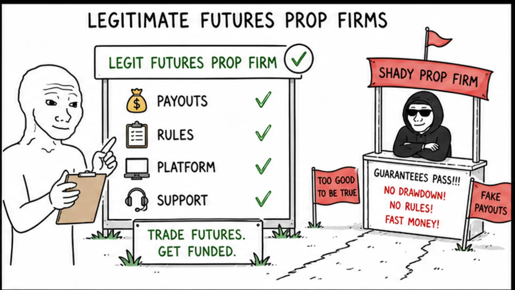 The Legitimate Futures Prop Firms meme explaining prop firm legitimacy, scams, and safety