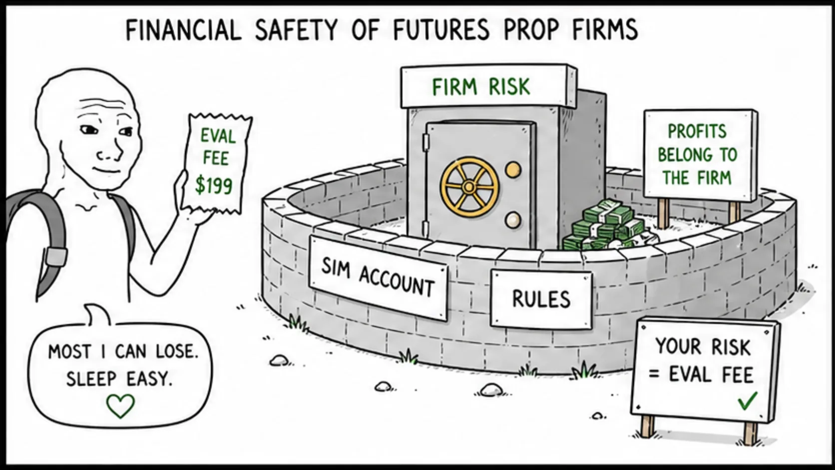 The Financial Safety of Futures Prop Firms meme explaining prop firm legitimacy, scams, and safety