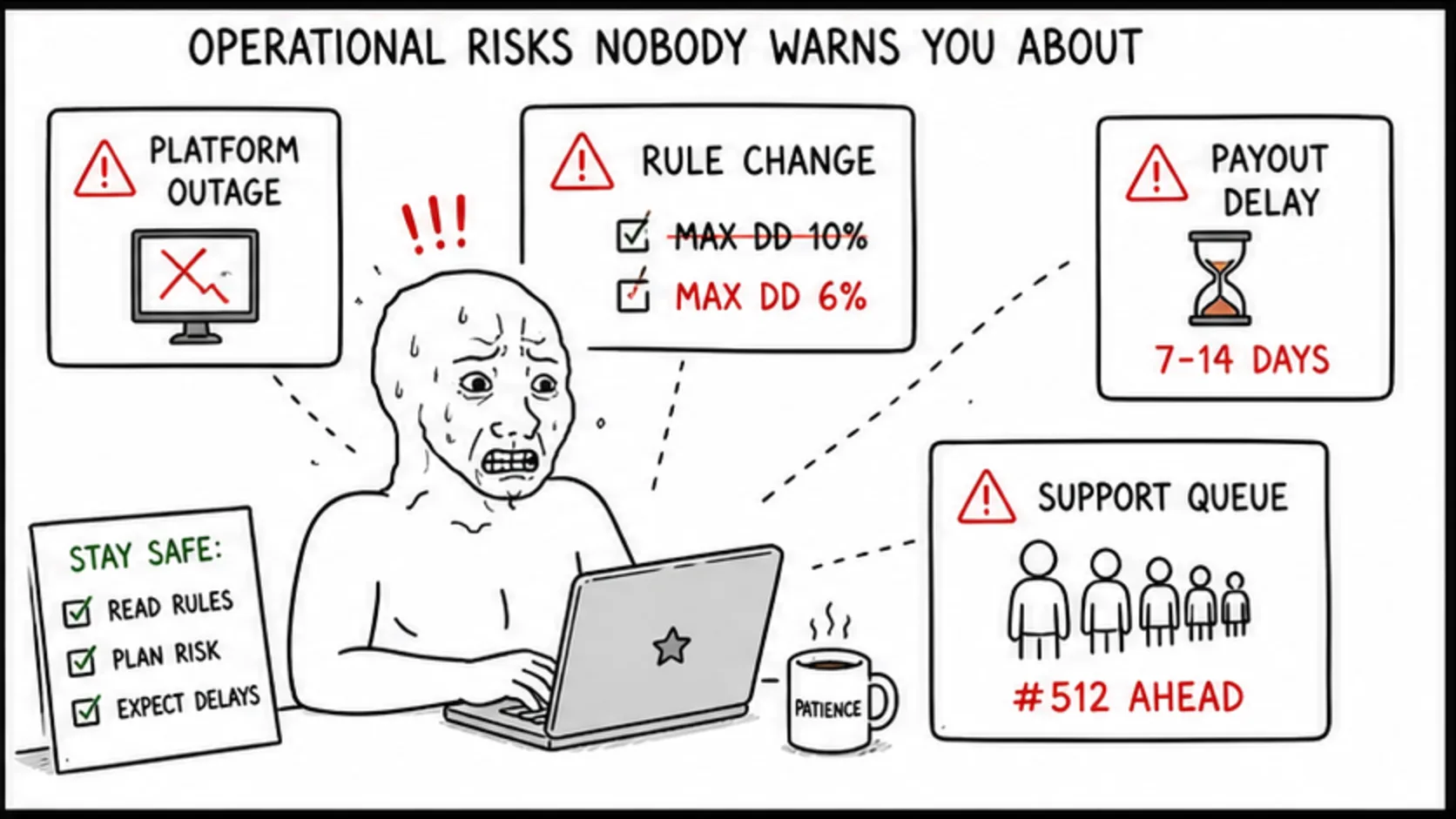 The Operational Risks Nobody Warns You About meme explaining prop firm legitimacy, scams, and safety