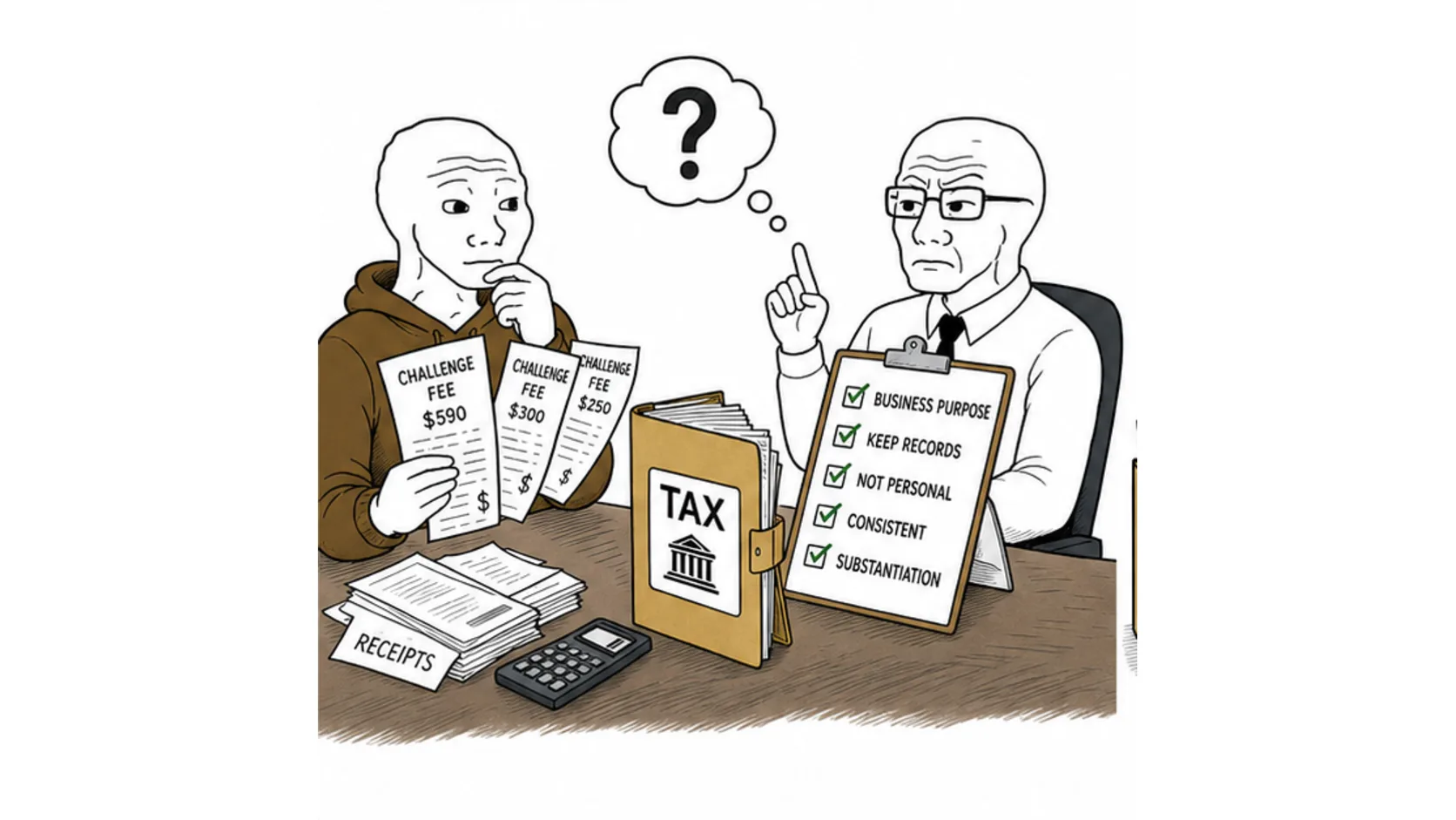 Are prop firm challenge fees tax deductible meme showing challenge fee receipts tax records and accountant checklist