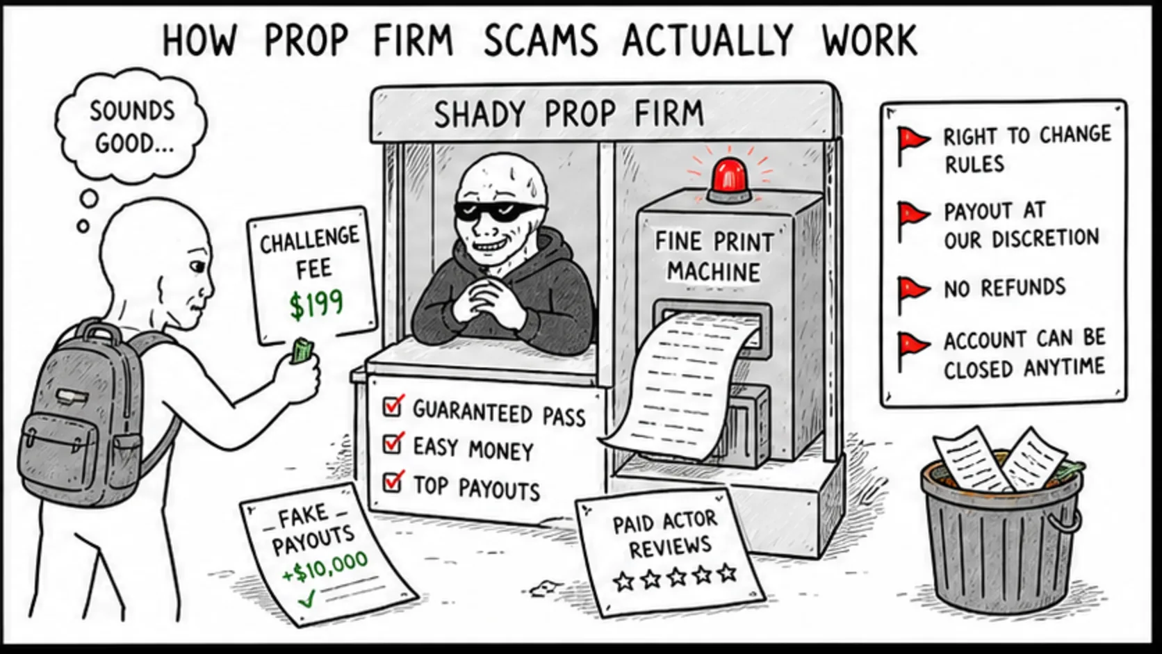 How Prop Firm Scams Actually Work meme explaining prop firm legitimacy, scams, and safety