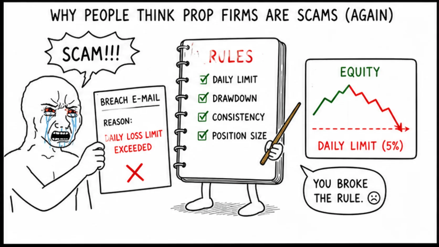 Why People Think Prop Firms Are Scams meme explaining prop firm legitimacy, scams, and safety