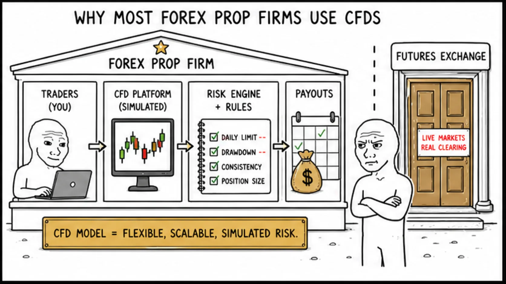 Why Most Forex Prop Firms Use CFDs meme explaining prop firm account rules and trader decisions