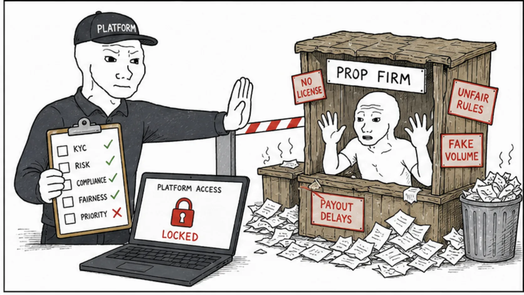 The MetaQuotes Crackdown meme explaining prop firm industry changes, startup costs, glossary terms, and trading rules