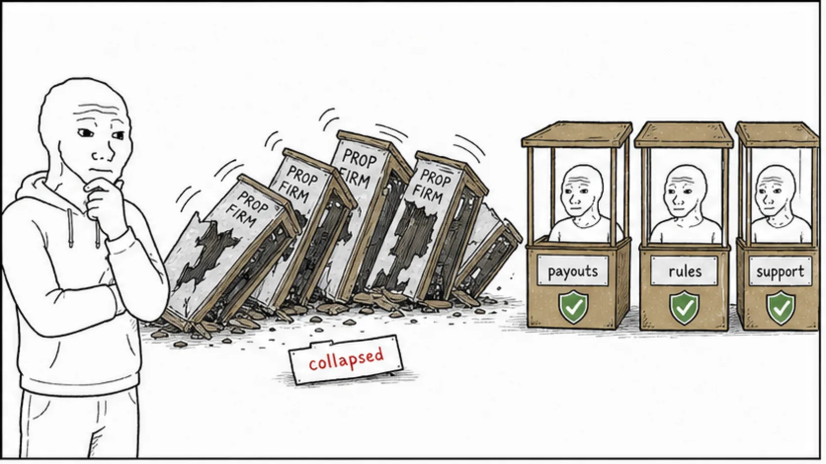 What Happened: Why 80+ Firms Collapsed meme explaining prop firm industry changes, startup costs, glossary terms, and trading rules