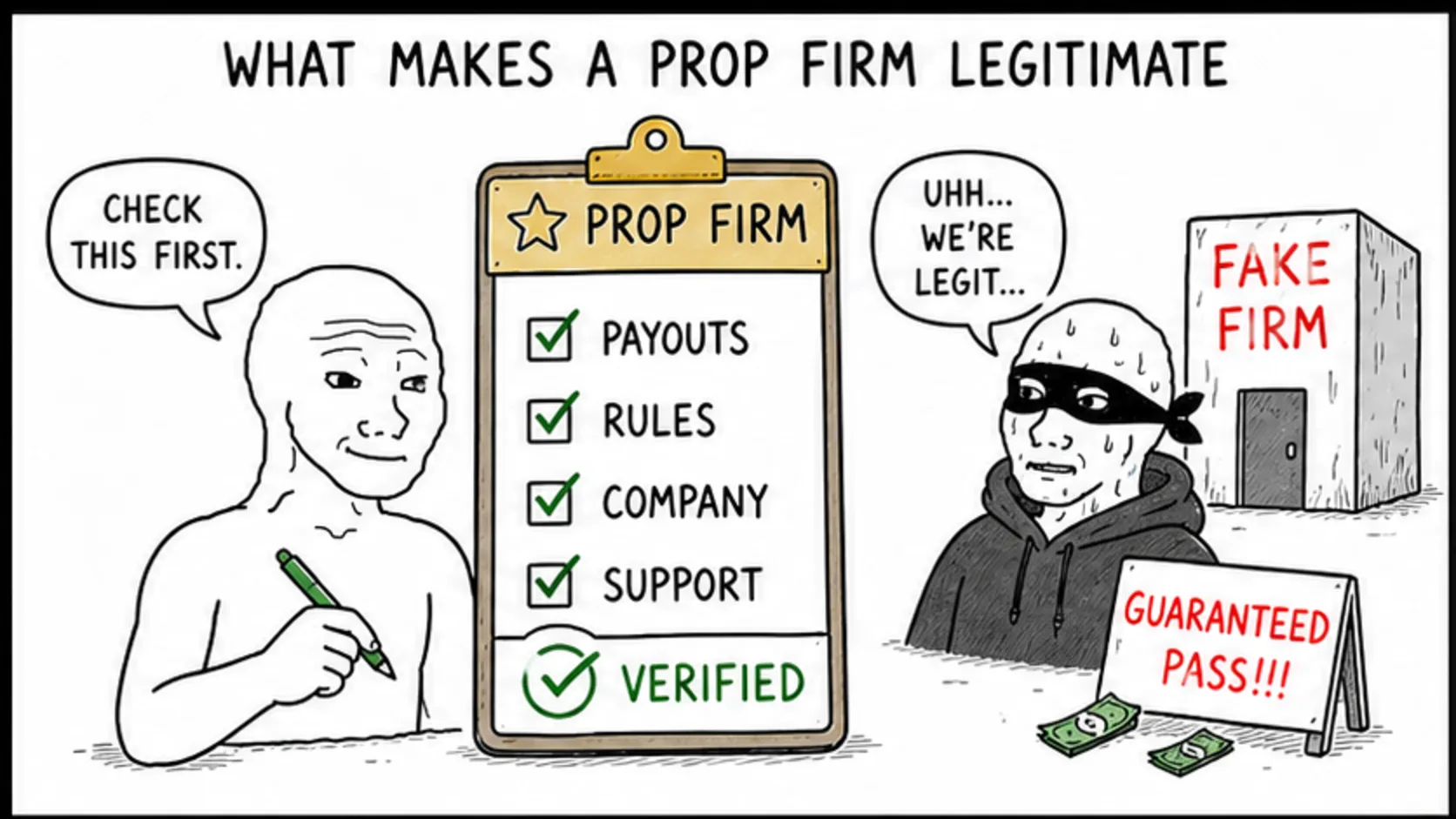 What Makes a Prop Firm Legitimate meme explaining prop firm legitimacy, scams, and safety