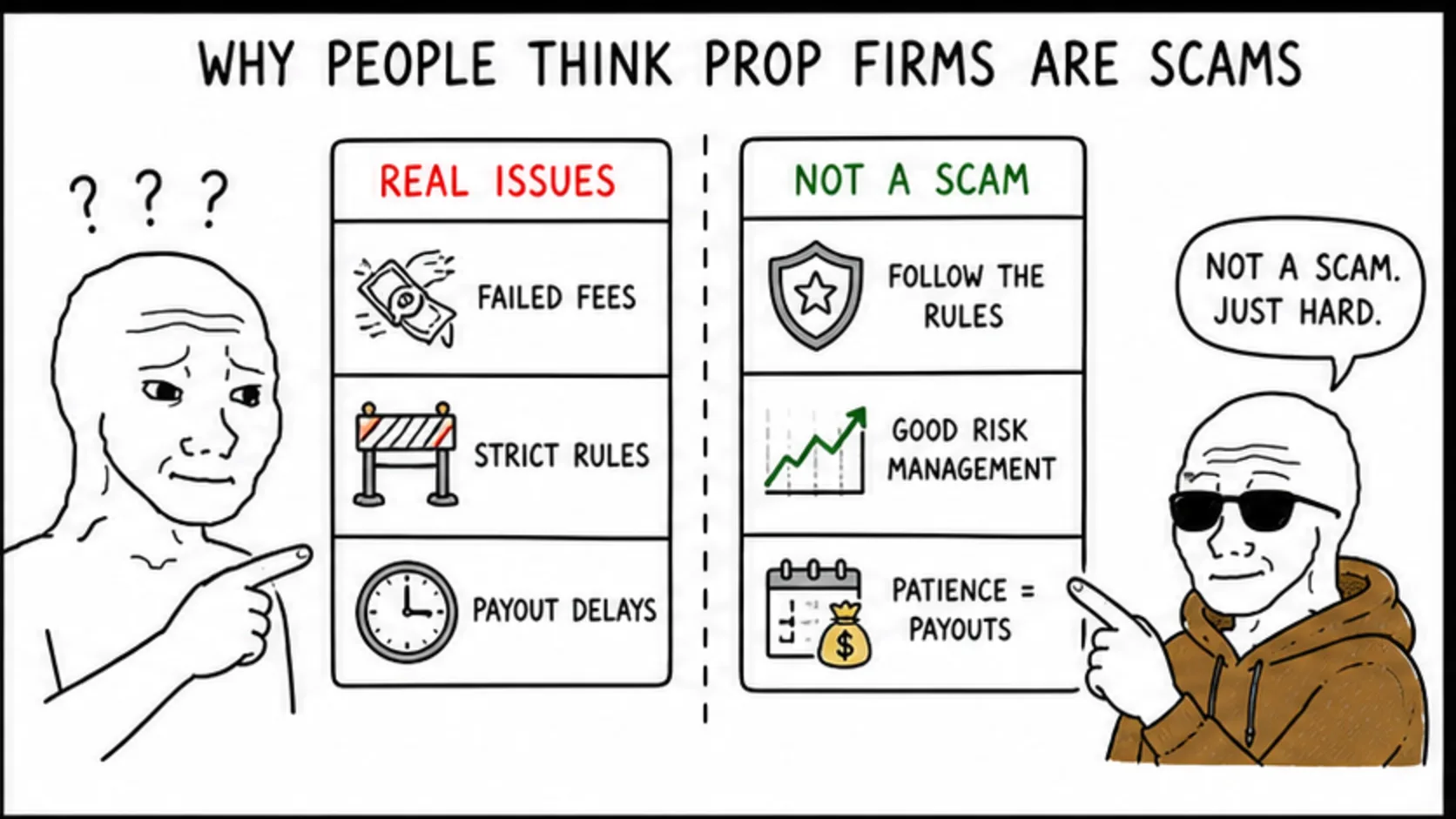 Why People Think Prop Firms Are Scams meme explaining prop firm legitimacy, scams, and safety