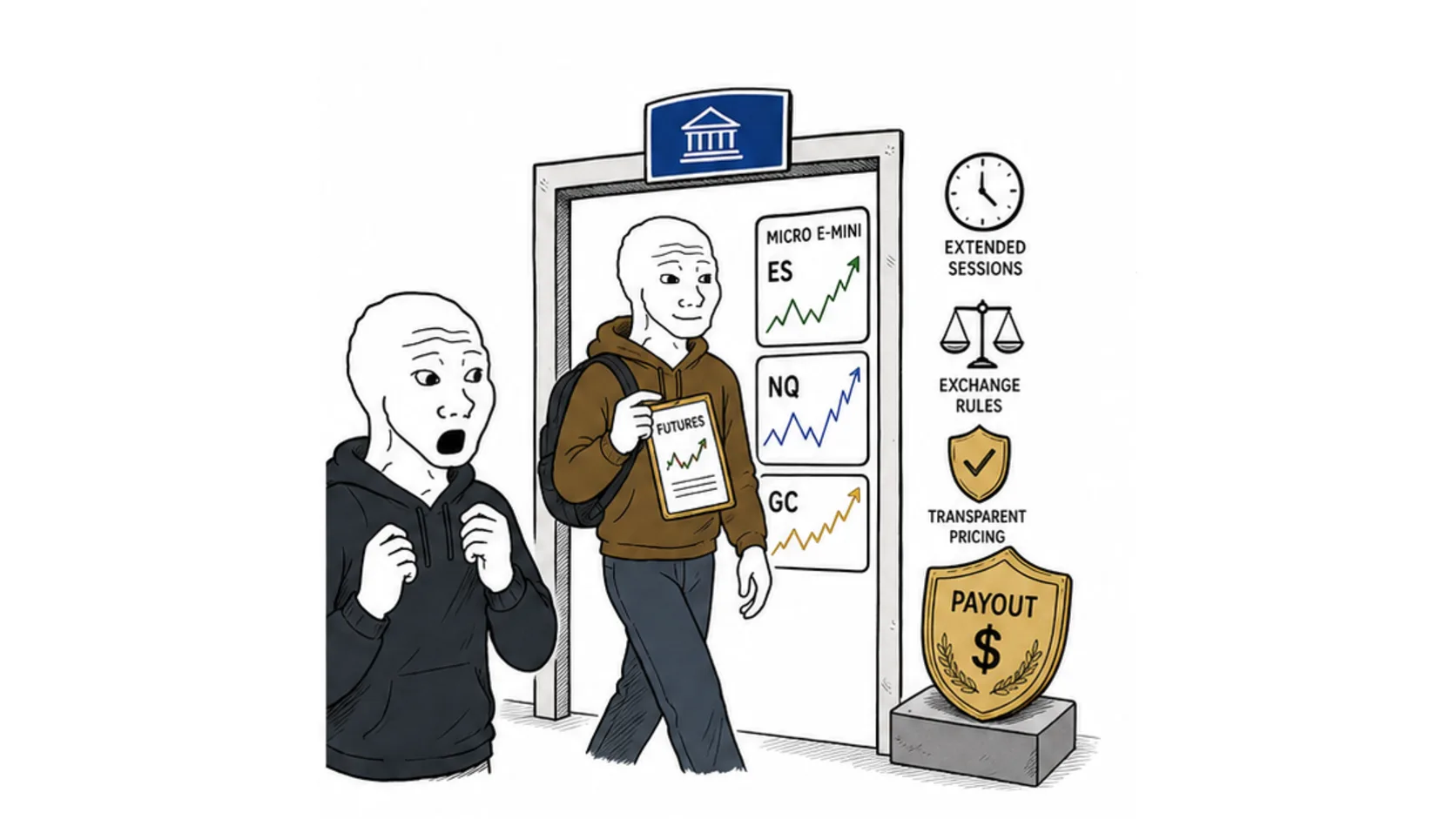 Futures prop firms as the other half of the industry meme showing futures contracts exchange charts and funded accounts