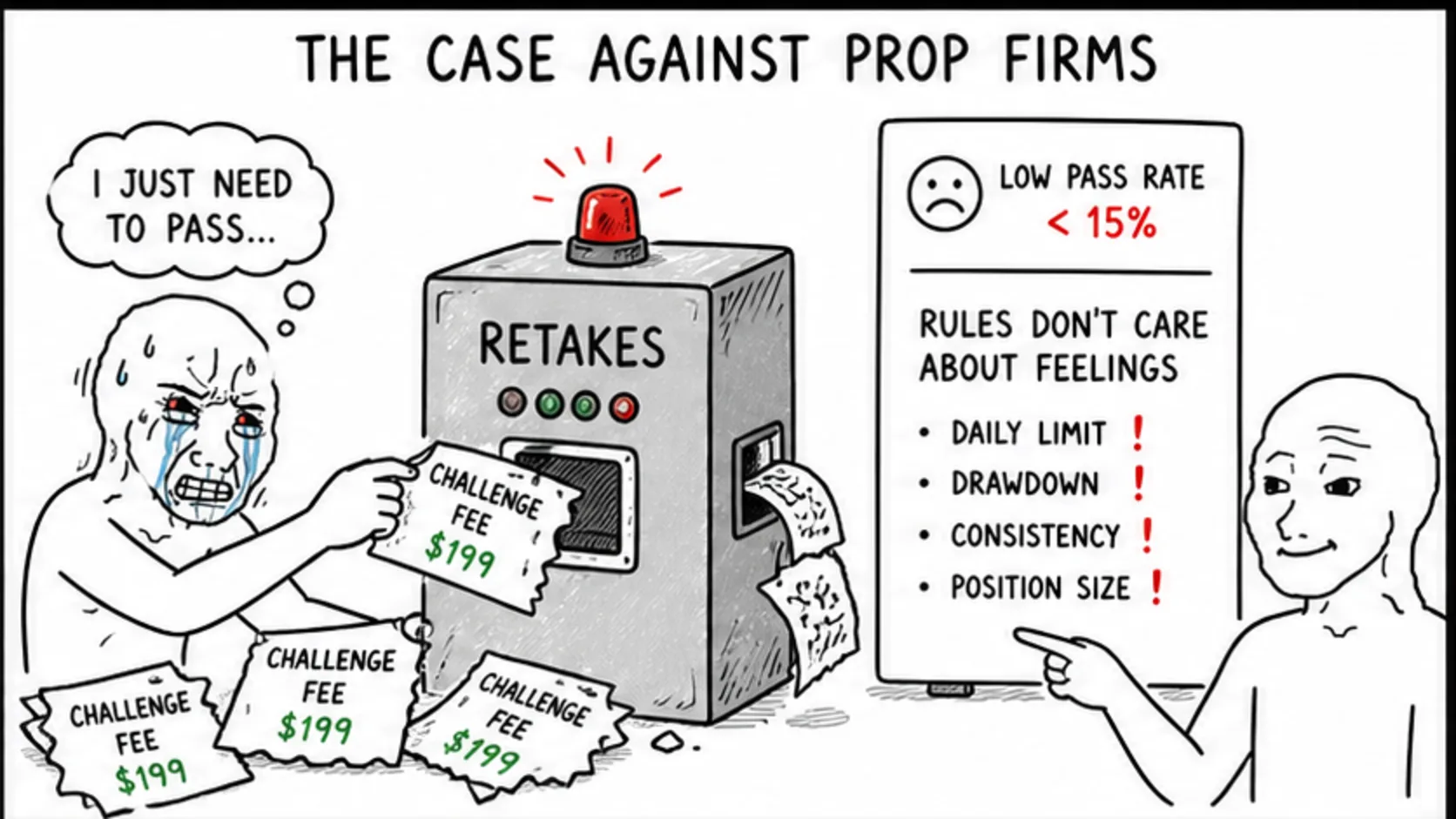 The Case Against Prop Firms meme explaining prop firm account rules and trader decisions