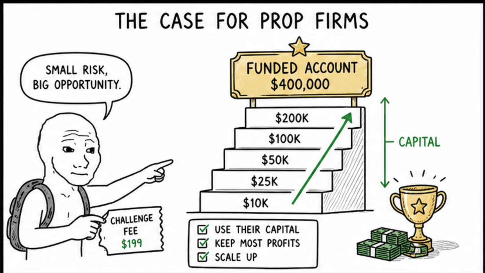 The Case For Prop Firms meme explaining prop firm account rules and trader decisions
