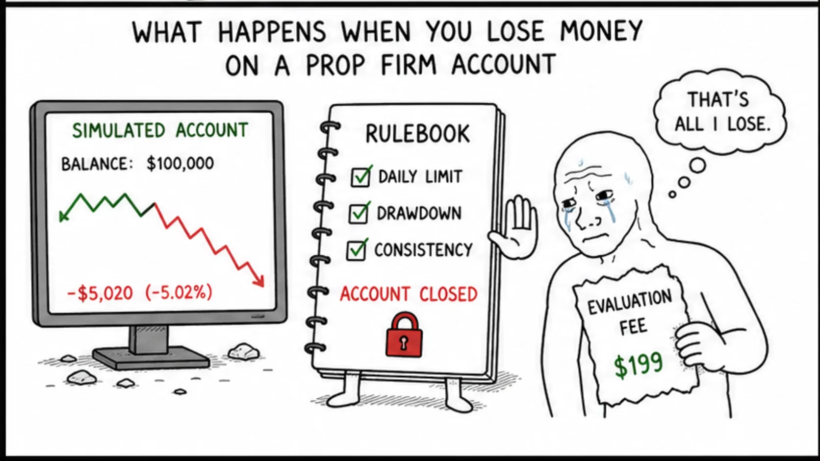 What Actually Happens When You Lose Money on a Prop Firm Account meme explaining prop firm account rules and trader decisions