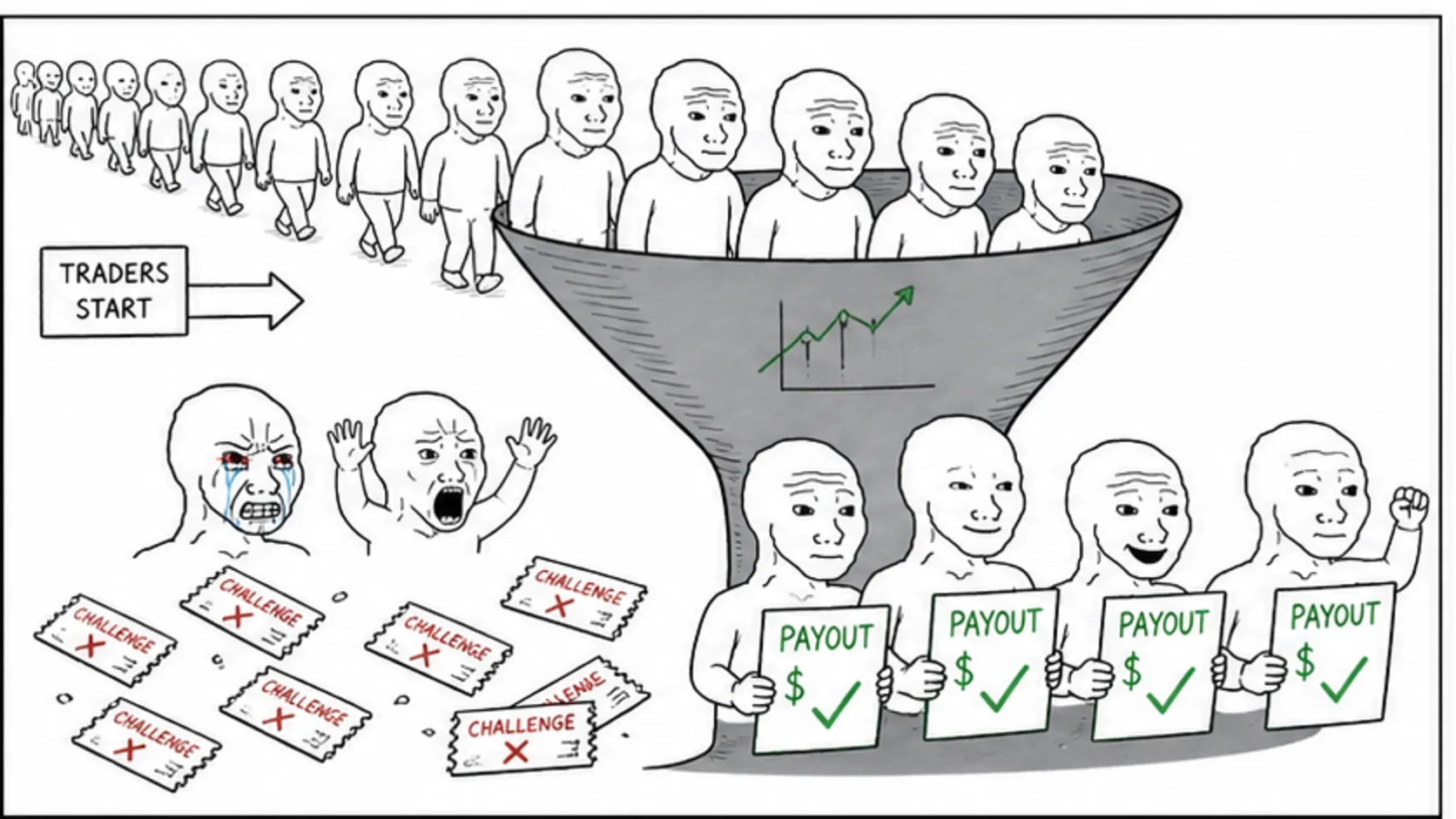 The Numbers: What Percentage of Traders Actually Get Paid meme explaining prop firm legality, payouts, and red flags