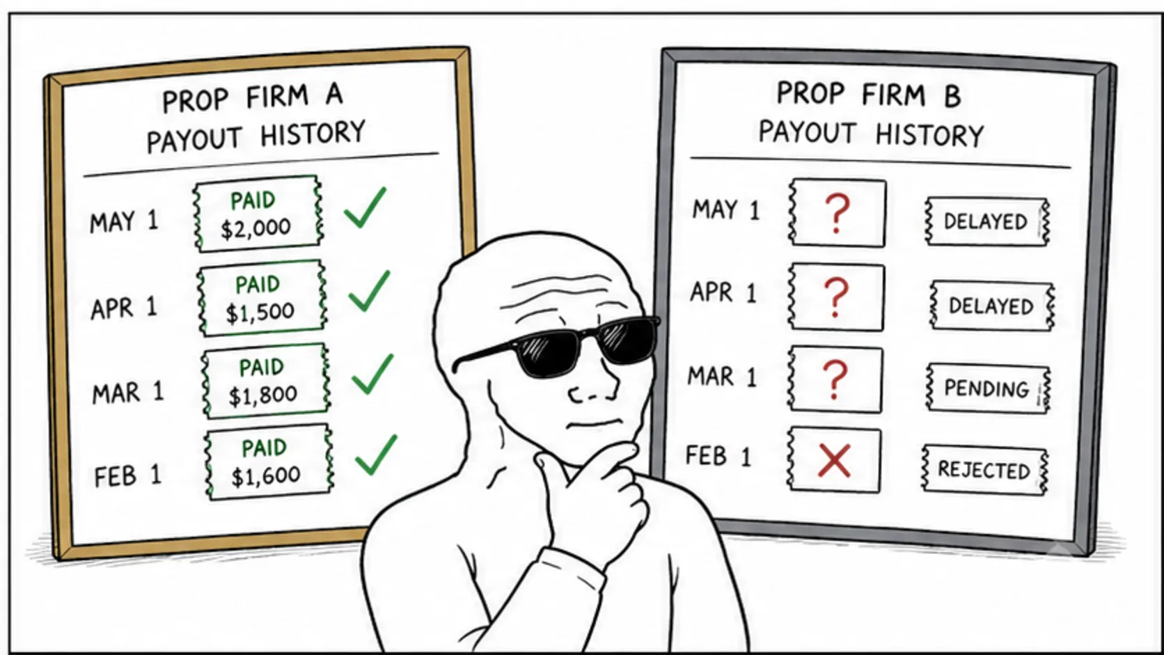 Which Prop Firms Have the Best Payout Records meme explaining prop firm legality, payouts, and red flags