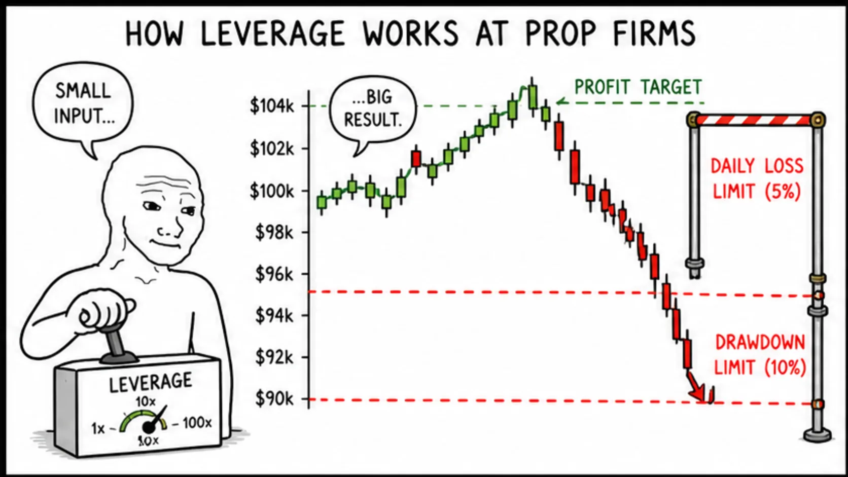 How Leverage Works at Prop Firms meme explaining prop firm account rules and trader decisions