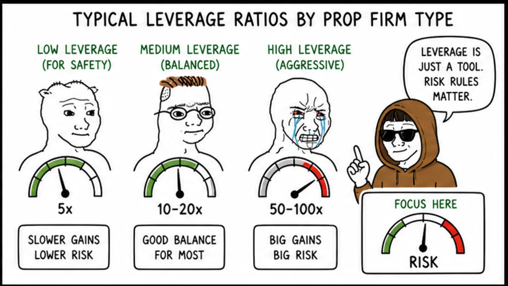 Typical Leverage Ratios by Prop Firm Type meme explaining prop firm account rules and trader decisions