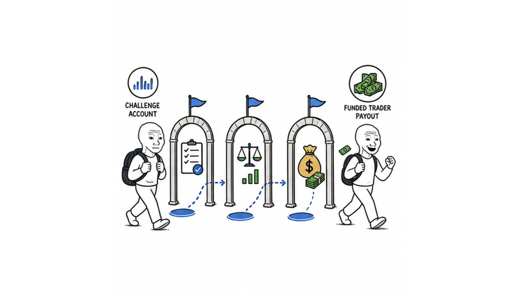 How futures prop firms work meme showing the evaluation path from challenge account to funded payout