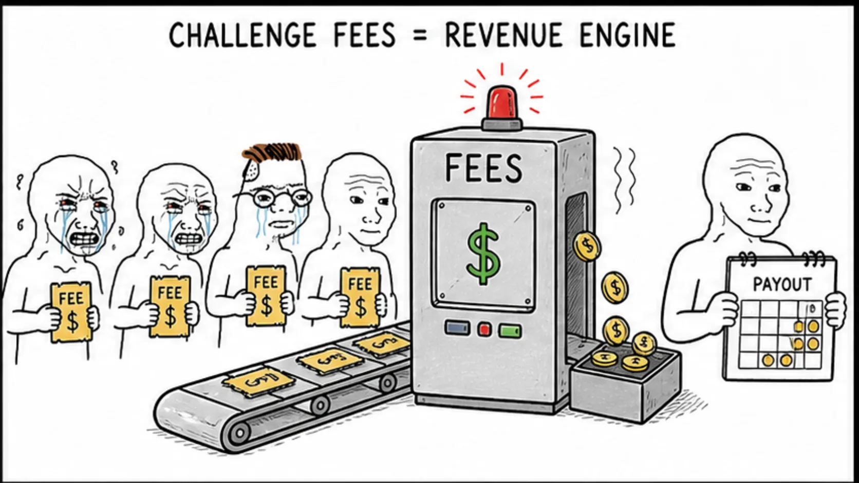 Challenge Fees: The Revenue Engine meme showing prop trading revenue