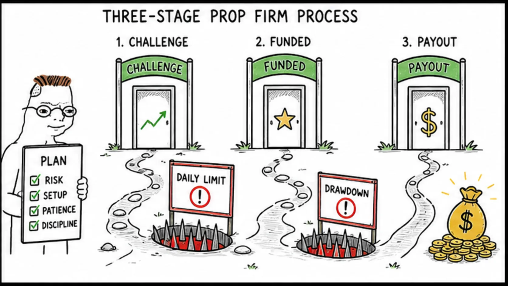 The Three-Stage Prop Firm Process meme showing prop trading risk and rules