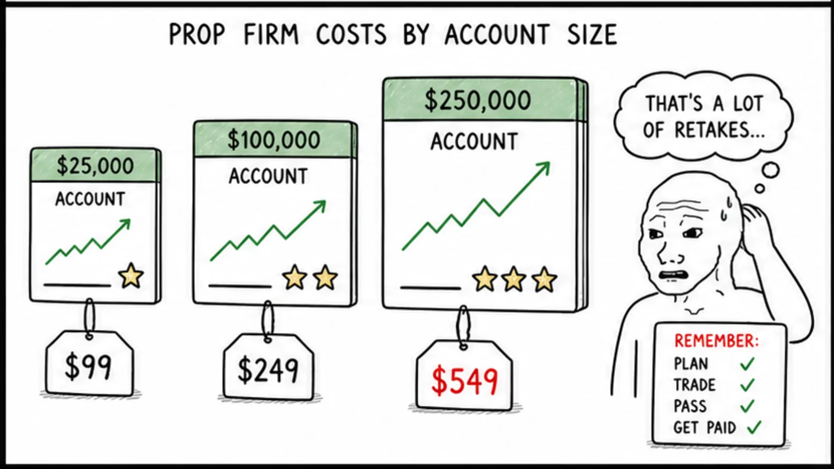 How Much Do Prop Firms Cost by Account Size meme explaining prop firm account rules and trader decisions