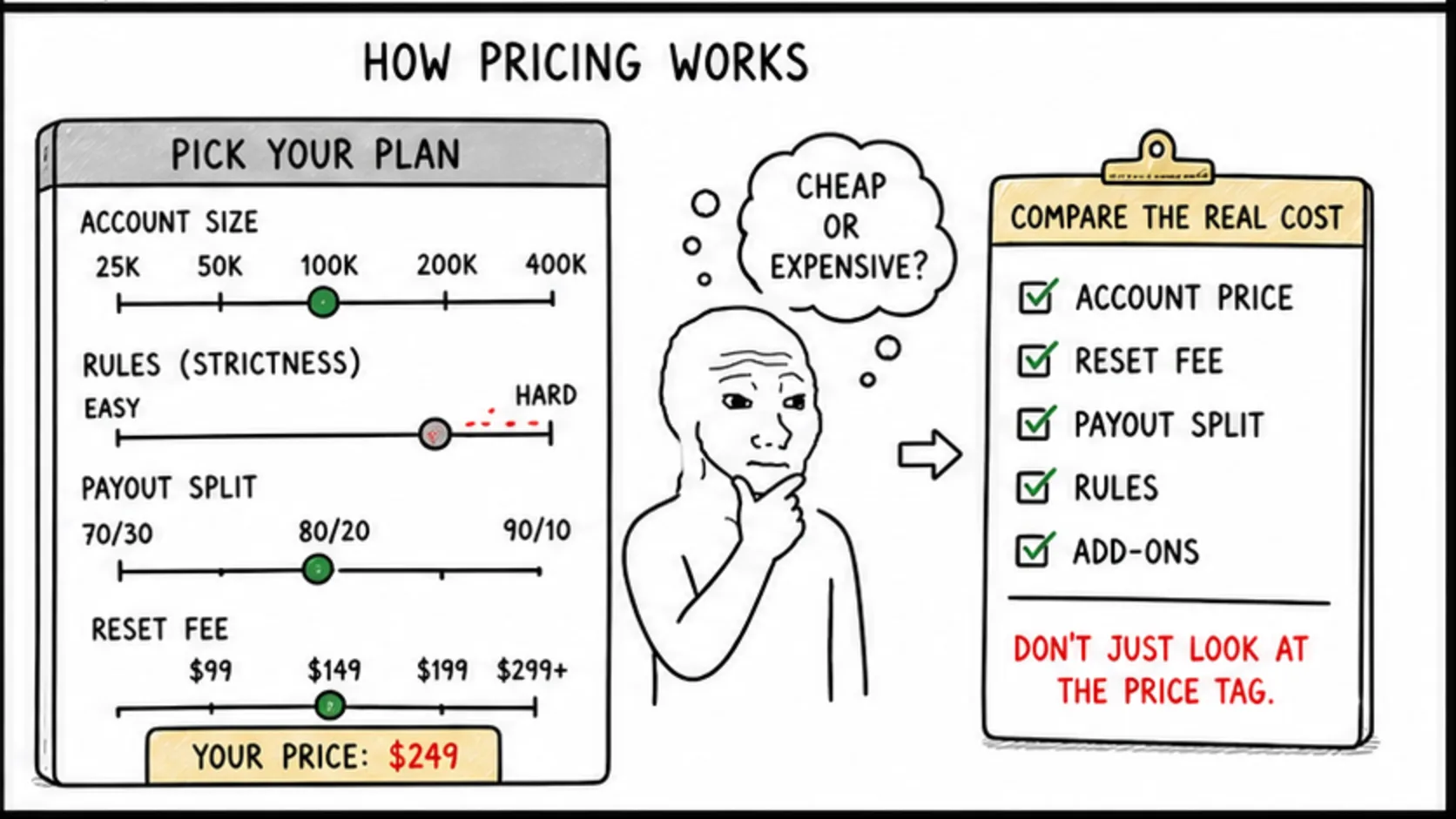 How Pricing Works meme explaining prop firm account rules and trader decisions