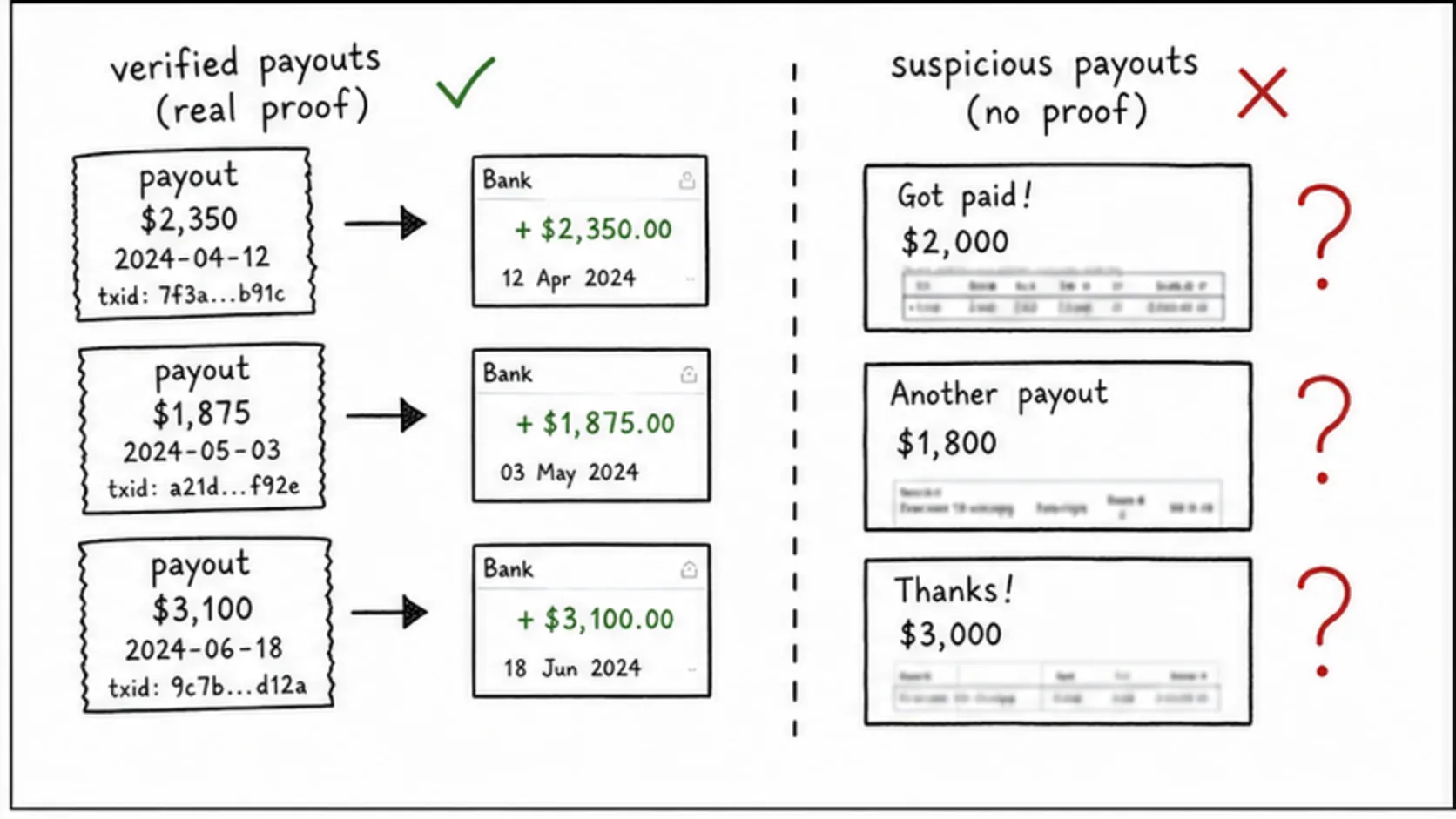Step 1: Verify Payout History and Proof meme explaining prop firm legitimacy checks, terms, reviews, and payout proof