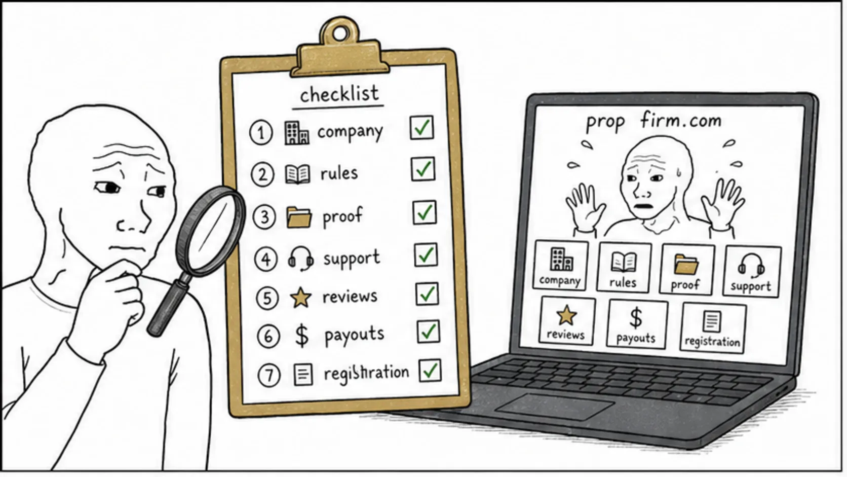 Your 7-Step Verification Checklist meme explaining prop firm legitimacy checks, terms, reviews, and payout proof